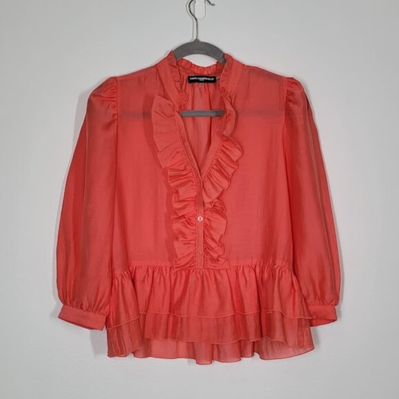 KARL LAGERFELD PARIS  split-neck ruffled top Sz S - Picture 7 of 8